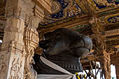 The great Chola temples of Tamil Nadu - The Brihadishwara Temple of Thanjavur. The open pavilion that shelters the huge monolithic Nandi. 